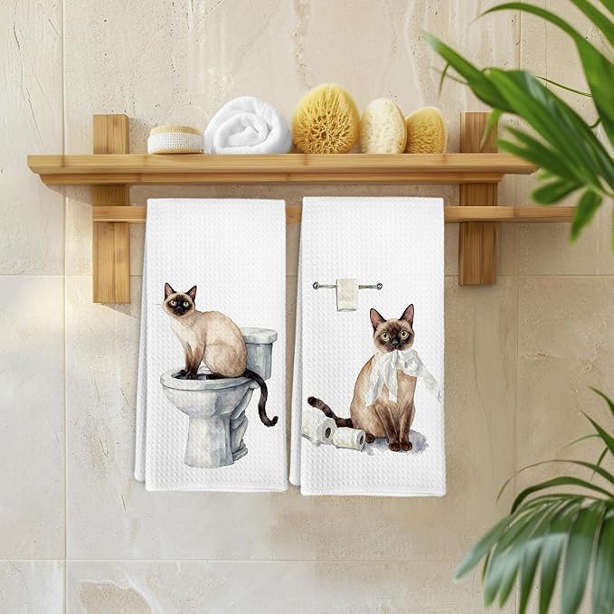 Funny Siamese Cat Hand Towels for Washroom Bathroom Toilet Decor, Siamese Cat Gifts for Women Men, Cat Lover Gift Decorative Hand Towels Set of 2, Kitty Themed Dish Tea Towel, 16x24 Inch