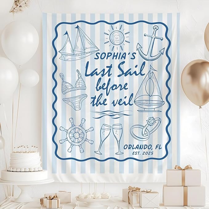Last Sail Before the Veil Nautical Bachelorette Tapestry – Coastal Sailing Theme Wall Hanging Decor for Pre-Wedding Party – Ocean-Inspired Chic Seaside Vibe Decoration for Bride to Be Celebration