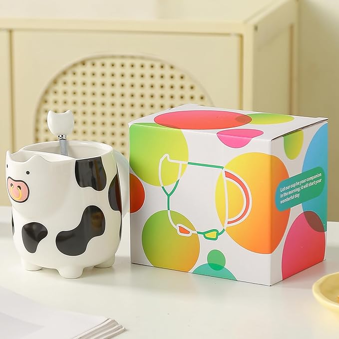 Yuwu 17oz Cow Mug with Built-in Tea Bag Holder and Spoon-Cute Glossy Ceramic Animal Cup for Milk Tea, Coffee, Kids, Girls-Farm Gift for Birthday, Christmas (white)