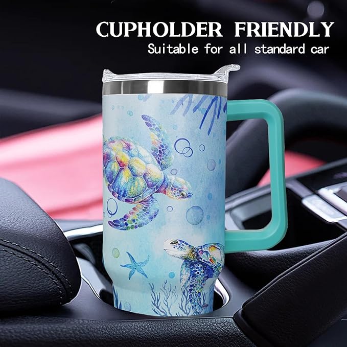 Ceovfoi 40 Oz Sea Turtle Tumbler with Handle Lid and Straw,Double Wall Vacuum Stainless Steel Watercolor Ocean Turtle Cup,Water Bottle,Travel Coffee Mug,Hawaiian Sea Turtle Decor,Accessories