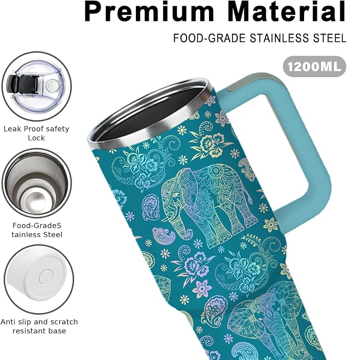 Elephant Tumbler 40oz, Travel Insulated Stainless Steel Tumbler Keeps Drinks Cold & Hot, Double Wall Vacuum, Elephants Gifts for Women Girls Coffee Travel Mug Cup Gift for Birthday Christmas