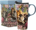CEDAR HOME Travel Coffee Ceramic Mug Porcelain Latte Tea Cup With Lid 17oz. Flower and Cat