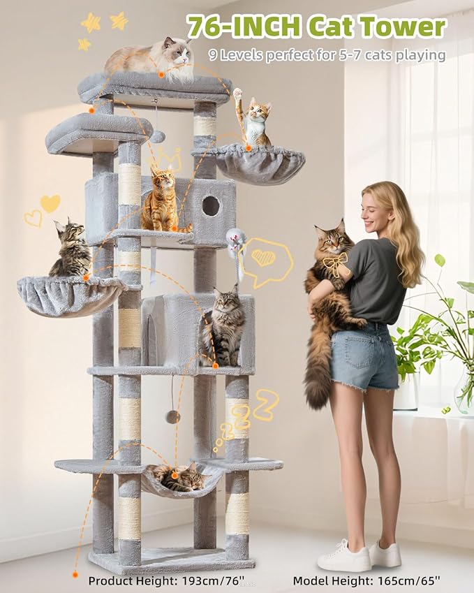 Taoqimiao Cat Tree Tower, 76-Inch Sturdy Cat Tree for Indoor Cats Large Adult Cat Tower with Scratching Posts，2 Condos, 2 Perches, 2 Large Hanging Baskets, Soft Hammock, MS046W Light Gray