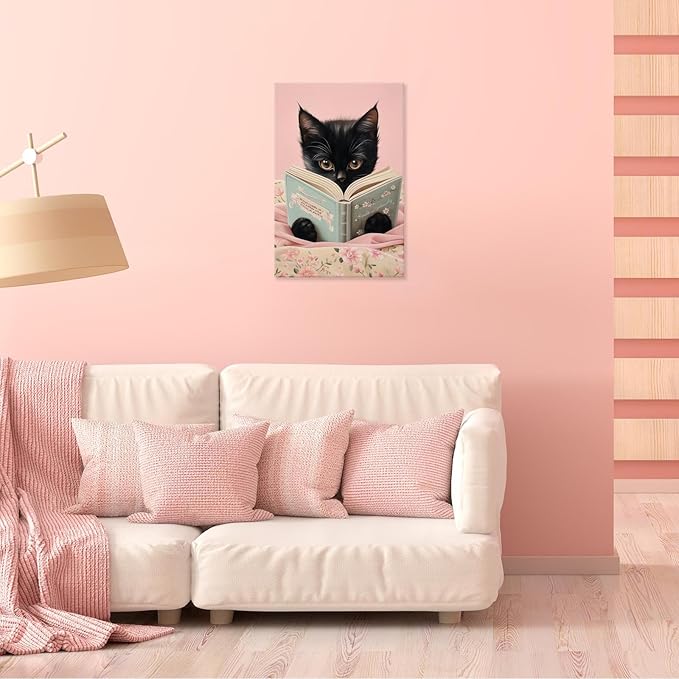 Vintage Cat Canvas Wall Art Funny Cute Cats Reading Books Poster Retro Pink Flower Abstract Animal Aesthetic Prints Painting For Girls Room Bedroom Kids Room Dorm Wall Decor 12x16in Framed