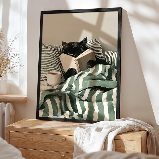 Funny Black Cat Canvas Wall Art, Cute Cat Reading Book In Bed with Coffee Aesthetic Poster, Cozy Striped Green Bedroom Animal Wall Decor, Bookish Art Print for Book Pet Lover 16x20in Framed