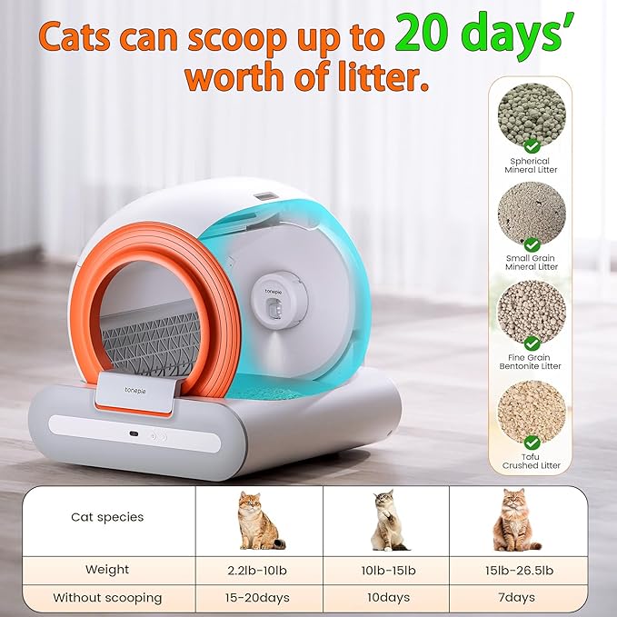 Self Cleaning Cat Litter Box, Automatic Cat Litter Box Self Cleaning for Multiple Cats, App Control, Smart Safety Anti-Pinch/Odor-Removal Design, 65L+9L Large Capacity, Orange