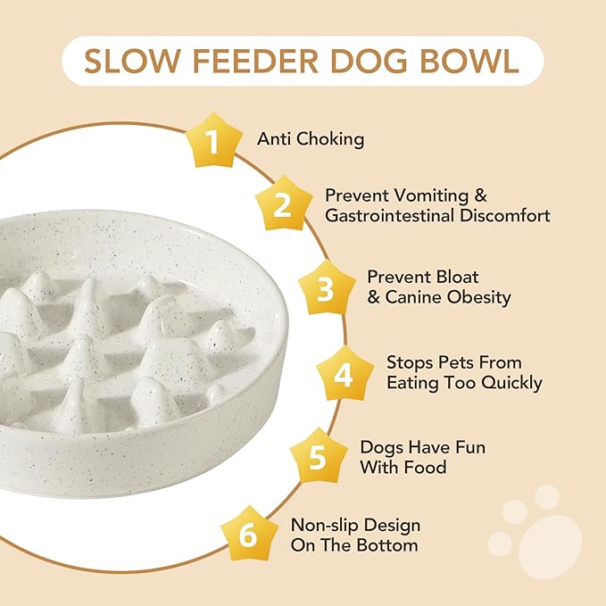 Ceramic 1.6 Cup Raised Slow Feeder Dog Bowl Set, Elevated 7.3inch Bowl and 8.2inch Slow Feeder Dish with Acacia Wood Stand for Medium and Large Dogs (2 x Vanilla White+ Stand)