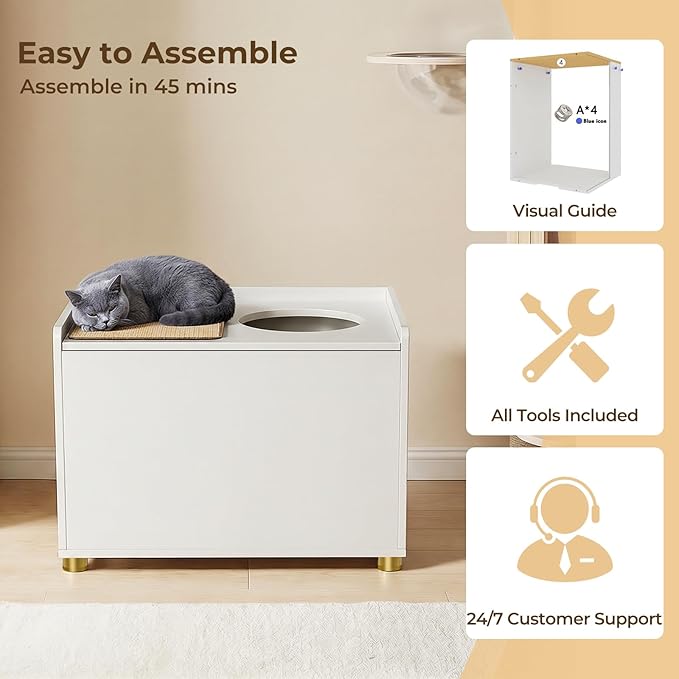 Top Entry Litter Box Enclosure, Flip Top Cat Litter Box Furniture with Scratch Mat, Stylish Hidden Cat Washroom for Large Cats (White)