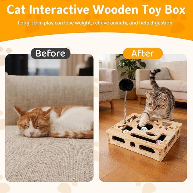 Interactive Wooden Cat Puzzle Toy for Indoor Cats Felt Maze Box with 3 Balls & 2 Cats Teasers, Cats Nail File Enrichment Box Hunting Exercise Toy for Kittens, Stimulating Cat Energy and Instincts