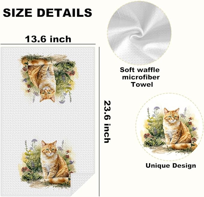4 Pcs Watercolor Cat Kitchen Towels, Pastoral Flower Decorative Absorbent Microfiber Dish Cloth Tea Towel, Waffle Soft Hand Towels for Farmhouse Home Bathroom Decor, Cat Lover Gifts for Women Friend