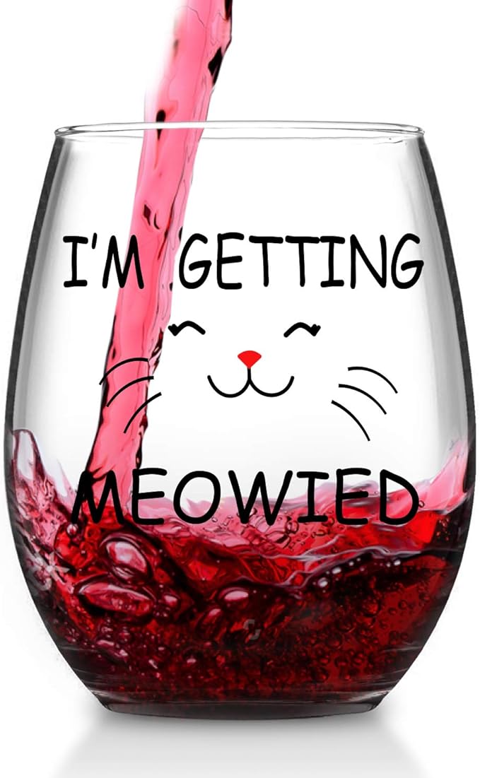I'm Getting Meowied Funny Wine Glasses - Engagement or Bridal Shower Gift for Cat Lovers, Set of 2 Stemless Wine Glasses, 15 Oz