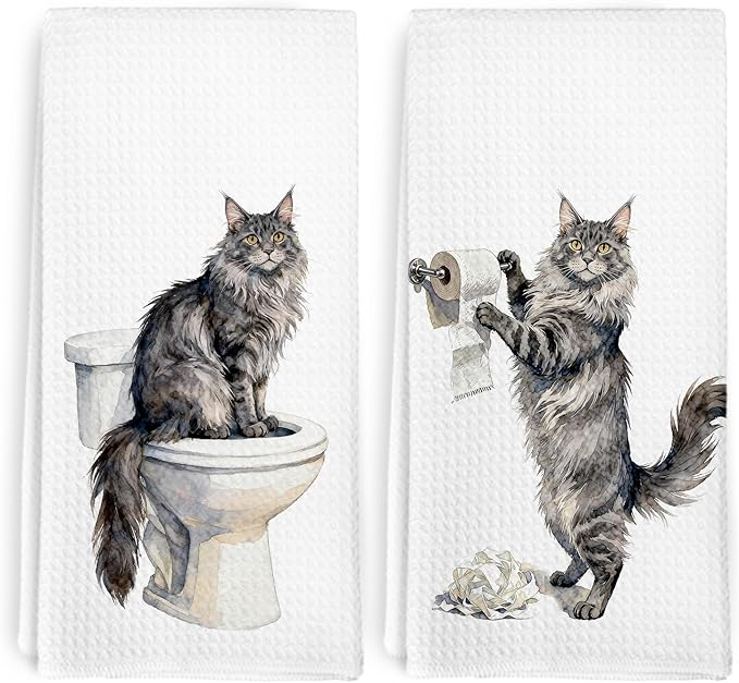 Funny Maine Coon Cat Gifts for Women Men, Maine Coon Cat Hand Towels for Bathroom Washroom Decor, Cute Cats Themed Decorative Hand Towels Set of 2, Kitty Themed Dish Tea Towel, 16x24 Inch