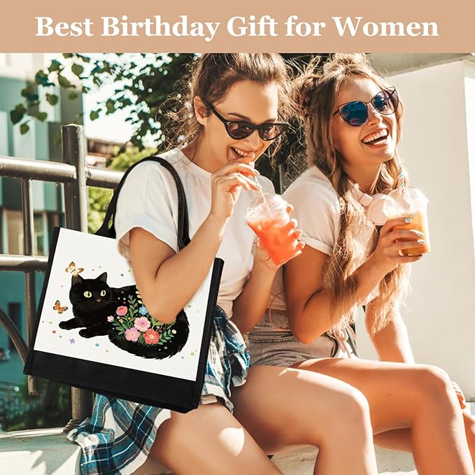GevGuxLuo Canvas Tote Bag for Women, Cute Cat Gifts for Black Cat Lovers, Animal Lover Gift Aesthetic Cats Beach Bag Reusable Grocery Bag, Birthday Christmas Gift for Daughter Friends Sisters Bestie