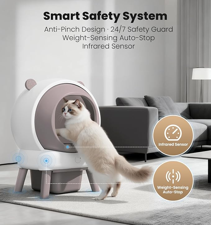 Self Cleaning Litter Box for Multiple Cats, Automatic Litter Box with APP Real-Time Monitor, Dual Safety Protection, Odor-Free Waste Disposal Includes Trash Bags, Pink