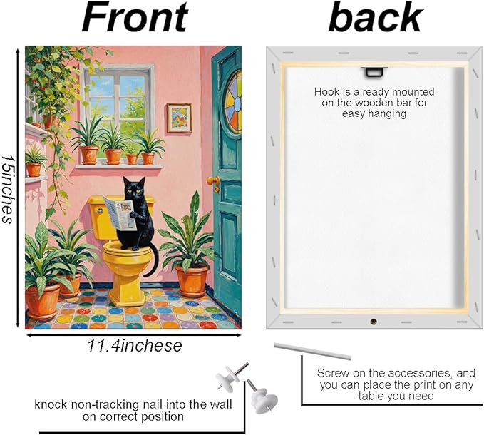 Funny Cat on Toilet Wall Art, Cat Lover Gifts, Cute Animal Theme Vintage Botanical Framed Canvas Prints Room Decor, Pink Painting for Living Room Bathroom Bedroom Decoration 15x11.4 inch