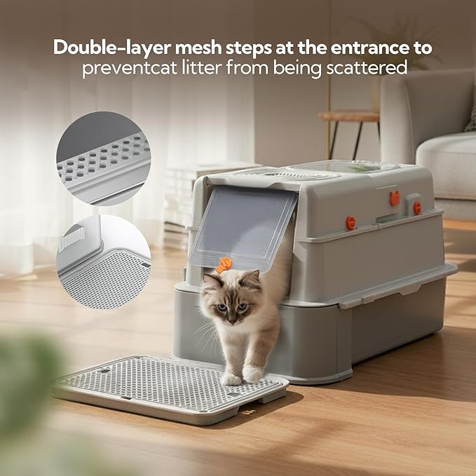 Soulbond Stainless Steel Cat Litter Box with Lid, Enclosed Large Metal Litter Box with Drawer and Flip Door for Big Cats, Top Entry, Odor Control, Easy to Clean (Light Grey)