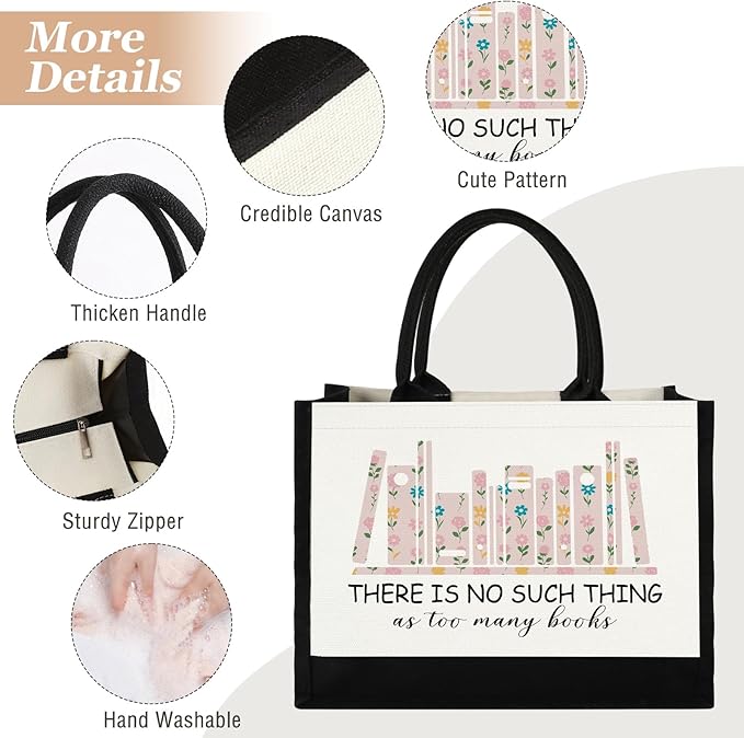 GevGuxLuo Canvas Tote Bag for Women, Cute Book Lover Gifts for Women, Book Lover Gifts Aesthetic Tote Bag Reusable Bag, Birthday Christmas Gift Bookish Gift for Reader Librarian Who Loves Books