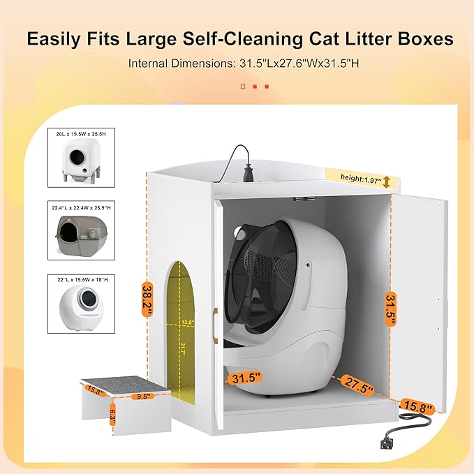 Heybly Litter box Enclosure,large Cabinet with Charging Station,Wooden Cat Litter Box Enclosure Furniture for Self-Cleaning Robot 3 & 4,Hidden for Smart Litter Box Size for senior cats,White HCLB005WT