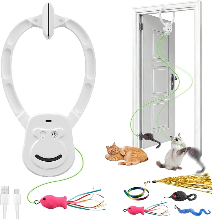 Automatic Cat Toy for Indoor Cats, Interactive Door Hanging Cat Toy with Smart Touch Restart, USB Rechargeable Cat Teaser with Elastic Rope, Adjustable Height Cat Toy for Kittens & Adult Cats (White)