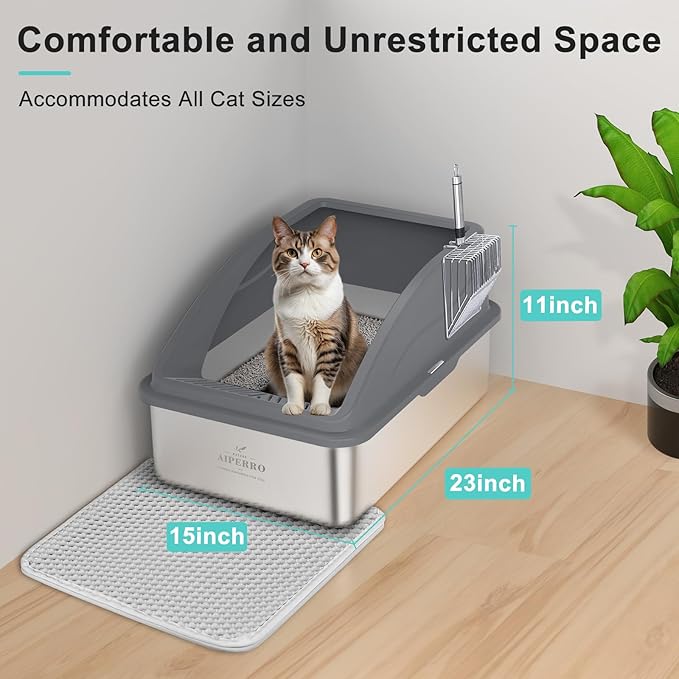 Stainless Steel Litter Box | XL Enclosed Cat Litter Boxs with Lid for Big Cats | High Sided, Anti-Urine Leakage | Non-Stick Bottom & Includes Litter Mat & Metal Scoop (Dark Gray)