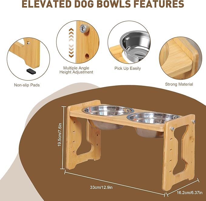 Adjustable Elevated Dog Bowls Raised Dog Bowl Natural Bamboo Stand with 2 Stainless Steel Food Bowls Non-Slip Feeder for Small Dogs and Cats (Natural)