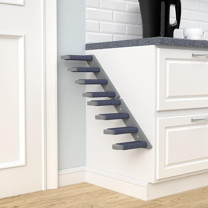 Skywin Cat Steps - Grey Solid Rubber Wood Cat Stairs Great for Scratching and Climbing - Easy to Install Wall Mounted Shelves for Playful Cats (Right to Left)