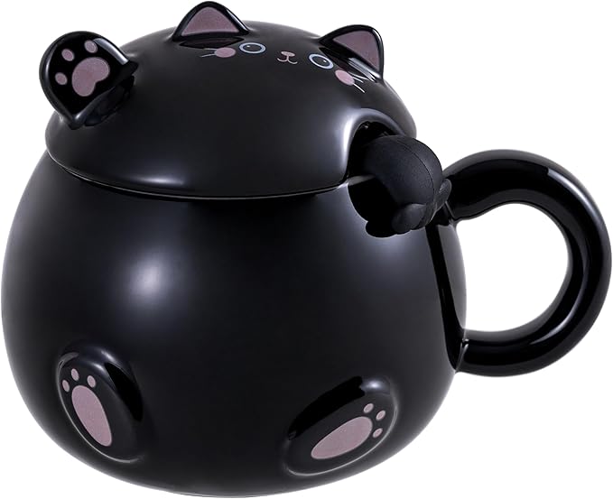 Urban Tokyo Whimsical Cat Mug Adorable Coffee Mug Ceramic Cup Novelty Mug with Lid and Stainless Steel Spoon 15 fl oz Lovely Kitten Neko (Black)