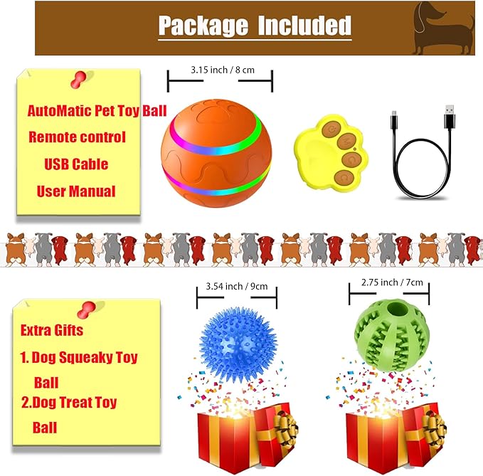 Smart Interactive Dog Toy Ball, Automatic Moving with Remote Controll,Rechargeable and Waterproof, Bouncing Rotating Toy for Medium Large Dogs,Two Gifts Squeaky&Chew Ball