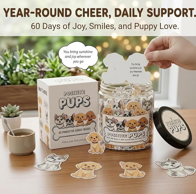 Positive Pups Jar with 60 Daily Affirmation Cards, Emotional Support Dog Gift for Women, Dog Mom Gifts, Funny Gifts for Teens Girls Coworkers Teachers, Inspirational Puppy Desk Decor