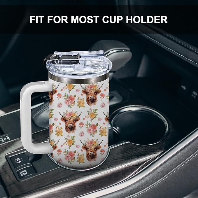 Highland Cow Tumbler 40oz, Cow Gifts for Woman for Cowgirls, Farming Gifts for Female Farmers for Cowgirl, Floral Cup Highland Cows Gift Travel Insulated Stainless Steel Coffee Travel Mug