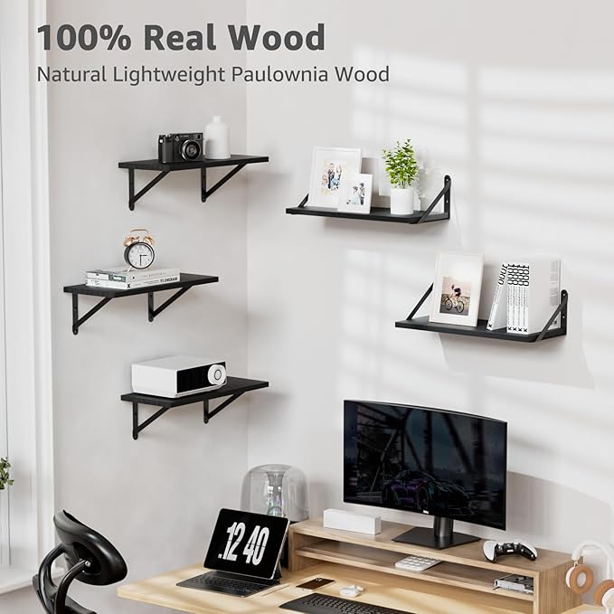 COCOYA Wall Shelves 7.3" Deep Set of 5, Solid Paulownia Wood Wider Longer Sturdy Easy to Install Wall Mounted Bookshelves Storage Shelves Bathroom Home Office Laundry Room Bedroom Organizer Black