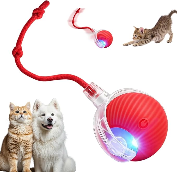 Smart Interactive Cat Toys for Indoor Cats, Motion Activated Cat Balls, Smart Obstacle Avoidance & 3 Speeds, Quiet Moving Dog Ball, Electric Toy Ball for Bored Indoor Cats & Dogs, Red