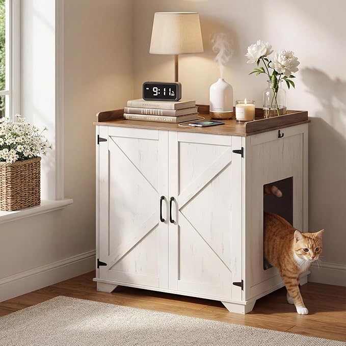 HOOBRO Automatic Litter Box Furniture for Large Capacity, Large Robotic Litter Box Cabinet with Charging Station and Hooks, Cat Litter Box Enclosure with Storage Top, White and Walnut WH89UMW01N2