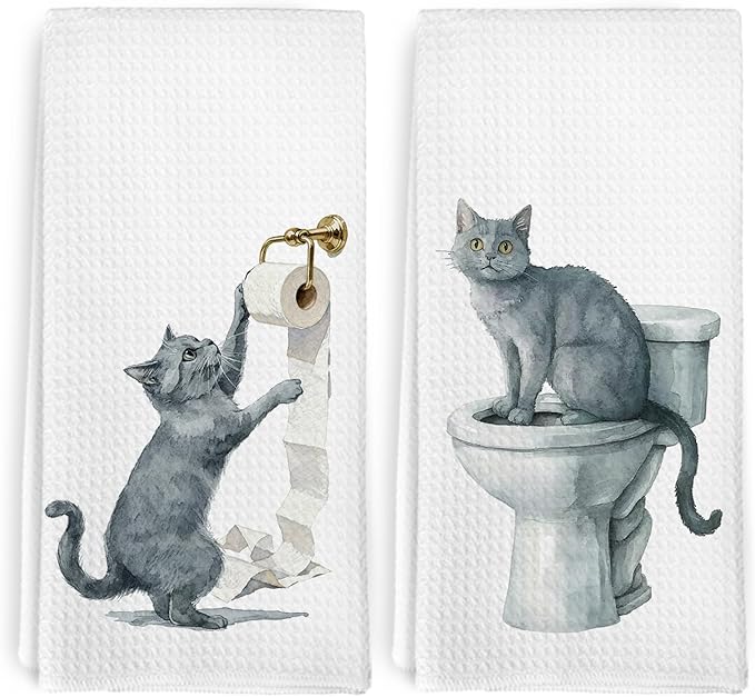 Funny Gray Cat Gifts Hand Towels for Bathroom Washroom Toilet Decor, Grey Cat Lover Gift Decorative Hand Towels Set of 2, Cute Cats Themed Dish Tea Towels for Kitchen Decorations, 16x24 Inch