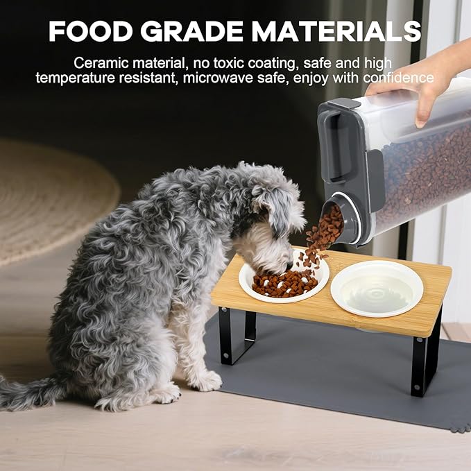 Upgraded Adjustable Height Cat Food Bowls Stand Ceramic Dog Bowls and Slow Feeder Cat Bowl, 15°Tilted Stand Anti Vomiting Raised for Small and Medium Sized Cats Dogs (White (2 Bowl+Pet mat))