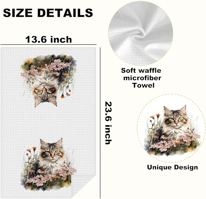 4 Pcs Watercolor Cat Kitchen Towels, Pastoral Flower Decorative Absorbent Microfiber Dish Cloth Tea Towel, Waffle Soft Hand Towels for Farmhouse Home Bathroom Kitchen Decor, Cat Lover Gifts for Women
