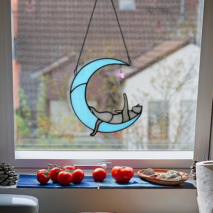 BOXCASA Handmade Gray Cat on Moon Stained Glass Suncatcher - Colorful Crystal Star & Window Hanging Decor for Cat Lovers, (Women, Mom, Grandma)