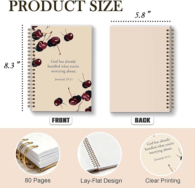 Bible Journal Spiral Notebook, Coquette Cherry Bible Study Supplies, Christian Gifts for Women Girls, 5.5x8.3 Inch - A11