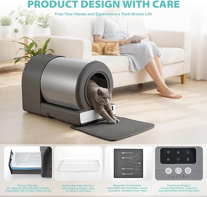 Stainless Steel Self-Cleaning Cat Litter Box, Smart APP Control Automatic Litter Box with Safety Sensors, Odor Control, Low-Entry, Large Capacity Design for Multiple Cats (Grey)