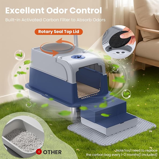 Stainless Steel Litter Box with Lid, Top Entry Extra Large Litter Box Enclosure for Kitty & Big Cats, Non-Stick Metal Cat Pan with Dual Storage Footboard, Trapping Mat & Scoop Included