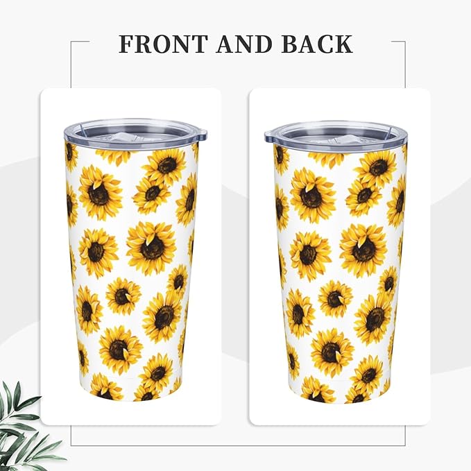 Sunflower Tumbler 20oz Floral Stainless Steel Insulated Tumblers with Lid and Straw Yellow Flowers Travel Coffee Mug Tea Wine Cups Water Bottle Sunflower Gifts for Women