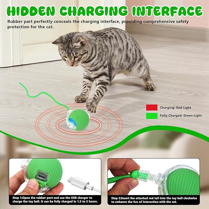 Interactive Cat Toys Ball for Indoor, USB Rechargeable Automatic Interactive Cat Toys with Speedy Tail Rope for Cats, Keep Them Busy