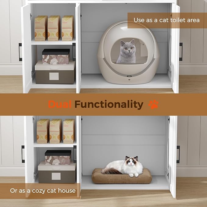 Cat Litter Box Enclosure for Self Cleaning Litter Boxes, Large Hidden Litter Box Furniture with Shelves, Wooden Cat Washroom Storage Cabinet, Automatic Litter Box Enclosure, White CWBZ3001