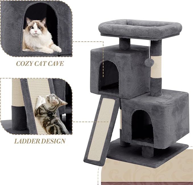 Athena Collection Small Cat Tree, Modern 34 Inch Cute Cat Tree Tower with Scratching Post 2 Condo Activity Platform and Playing Ball for Indoor, Dark Grey