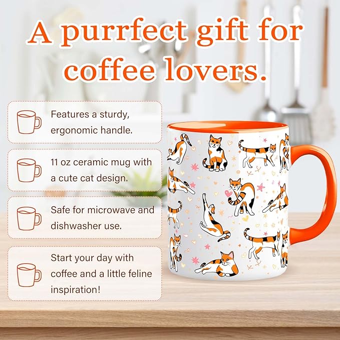 Calico Cat Mug 11 Oz Cute Ceramic Coffee Tea Cup for Women, Funny Cats Lover Gift for Christmas, Birthday, Housewarming - Gifts for Her, Mom, Cat Ladies, Kids and Friends