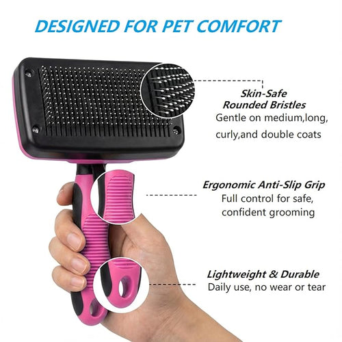 4PCS Self Cleaning Slicker Brush, Pet Grooming Rake, Bath Brush & Massage Brush for Short/Long Haired Dogs, Cats & Horses, Pet Grooming Deshedding Tools - Pet Supplies (Pink Black)