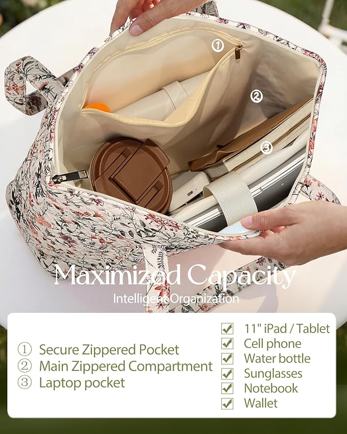 Miss Adola Quilted Tote Bag with Zipper - Laptop Tote Bag for Women, Large Capacity with Pockets for Work Teacher Travel