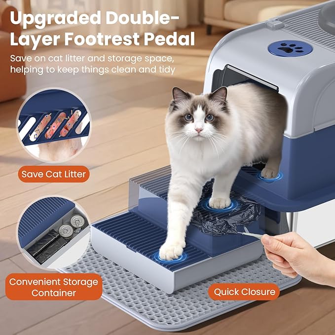 Stainless Steel Litter Box with Lid, Top Entry Extra Large Litter Box Enclosure for Kitty & Big Cats, Non-Stick Metal Cat Pan with Dual Storage Footboard, Trapping Mat & Scoop Included