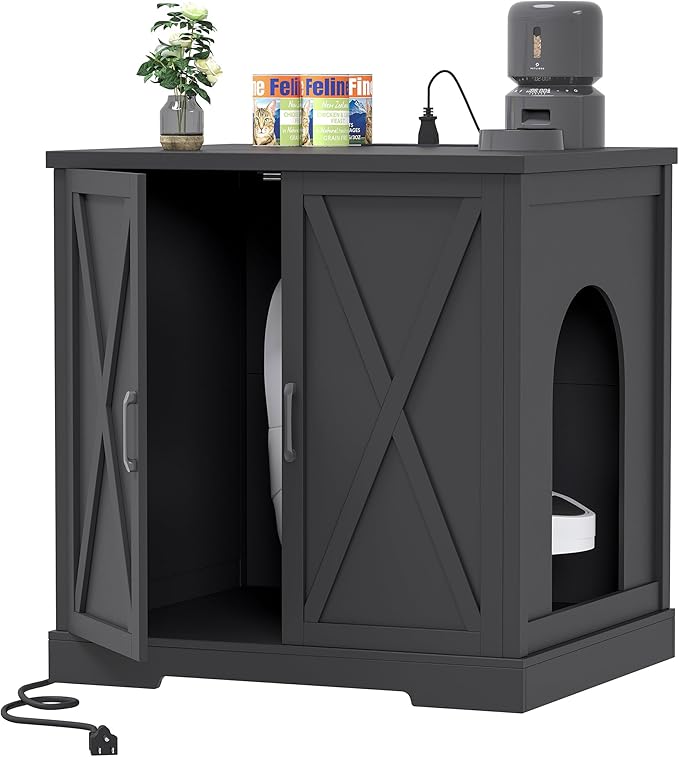 Heybly 34.5" Litter Box Enclosure,Large Robot Cabinet with Charging Station,Wooden Cat Litter Box Enclosure Furniture for Self-Cleaning Robot 3 & 4,Hidden for Smart Litter Box Size, Black HCLB004BK