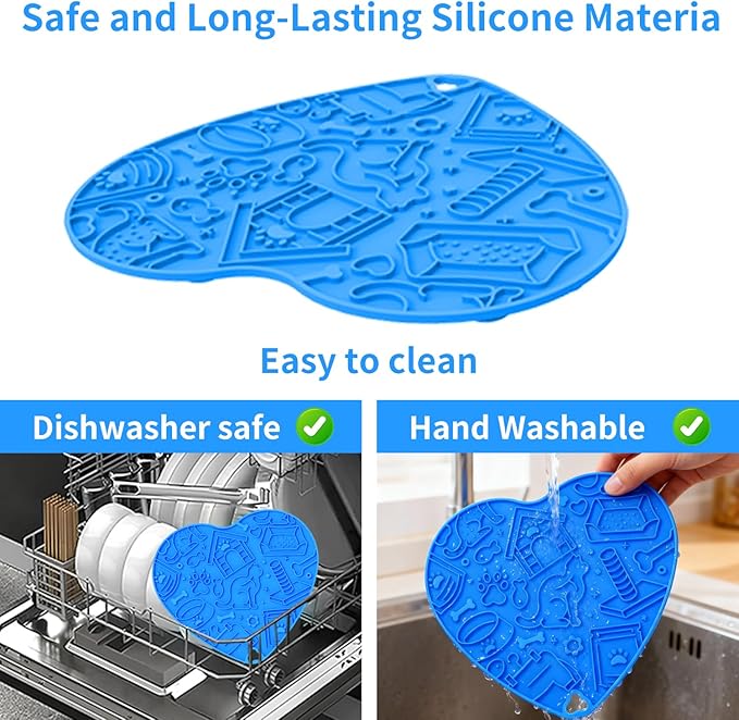 Silicone Slow Feeder Dog & Cat Bowl with Suction Cups – Non-Slip Fun Pattern for Dogs and Cats, Interactive Pet Enrichment Bowl, Treat Eating Feeder, Heart-Shaped Mat Compatible (Blue)